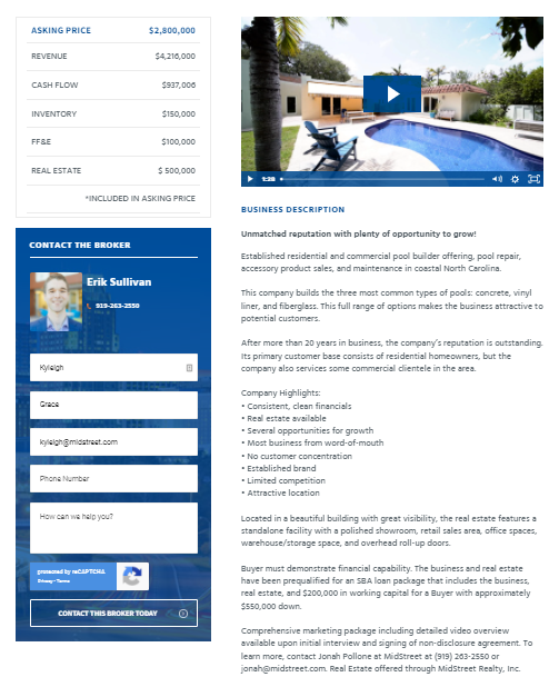 Blind Ad of Pool Company Listed for Sale