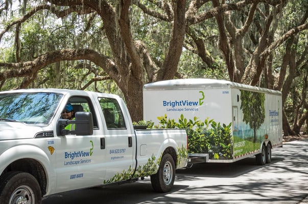 BrightView Landscaping truck and trailer