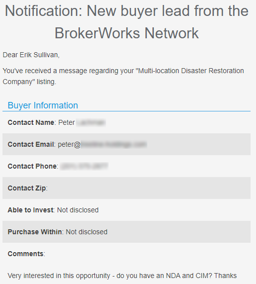 Buyer Inquiry on BrokerWorks Network